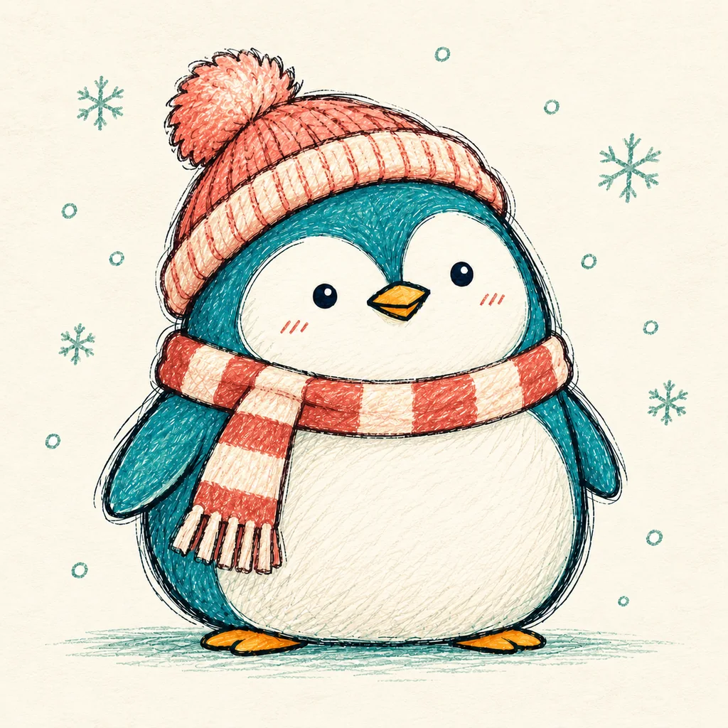 Cozy penguin wearing a coral hat and scarf